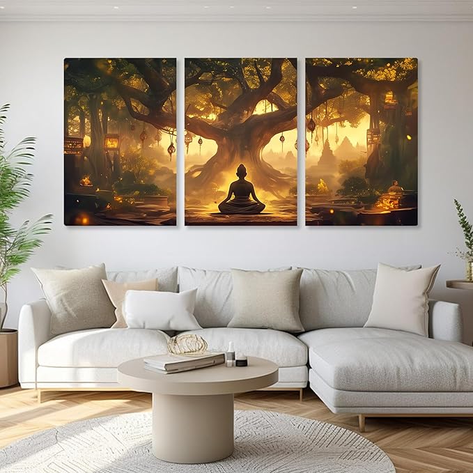 WithHope 3 Piece Buddha Canvas Wall Art, Buddha Home Decor, Buddhist Decorations, Zen Canvas Wall Art, Tree of Life Artwork, Zen Decorations, Modern Painting, Living Room Decor (24" x 36" x 3 pcs)