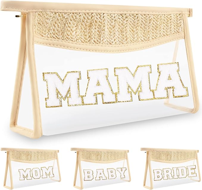 Boho Clear Makeup Letter Patch Makeup Bag MAMA Pouch, Clear Toiletry Bag Travel Small Cute Preppy Letter Cosmetic Zipper Purse, Transparent PVC Waterproof Diaper Bag Organizing Pouches for Women(MAMA)
