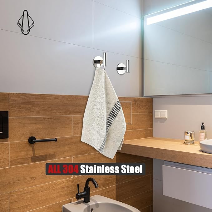 JQK Self Adhesive Towel Hook Chrome, No Drill Stick on Coat Robe Clothes Wall Hook for Bathroom Kitchen Garage 4 Pack, 304 Stainless Steel Polished Steel, ATH110-CH-P4