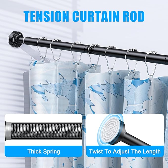 TEECK Shower Curtain Rod, 32-43 inch Adjustable Spring Tension Curtain Rod, Never Rust Anti-Slip Shower Curtain Rod for Bathroom, No Drilling, Never Collapse, Easy to Use, Black