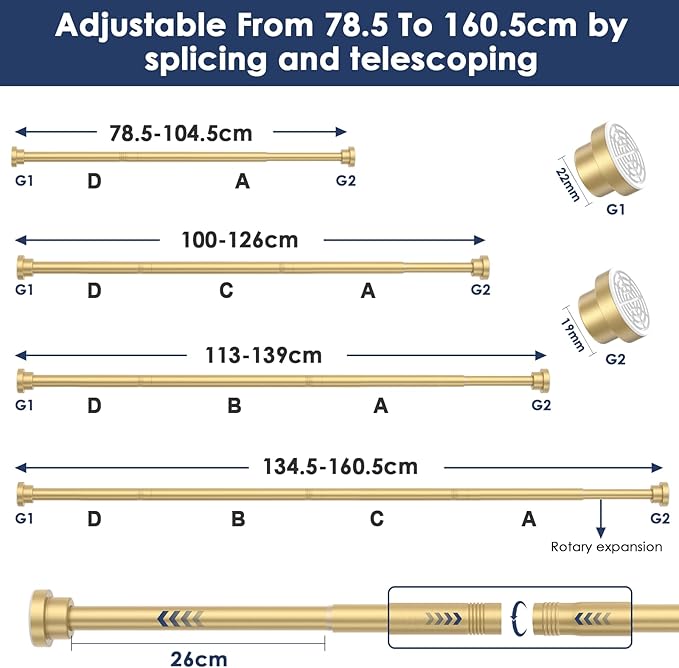 AIZESI 1Pack Tension Curtain Rod 32 to 64 Inch No Drilling Adjustable Spring Loaded Curtain Rods for Window Bedroom Doorway Closet, Gold