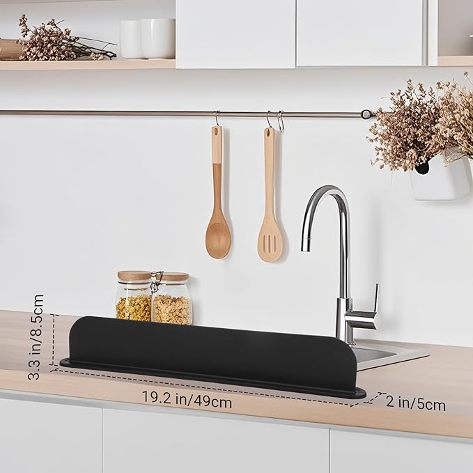 AIZOE 19.29 inch Sink Water Splash Guard, Silicone Sink Splash Guard, Backsplash Protector for Kitchen Countertop & Bathroom Bathtub with Non-Slip Strong Suction, Black, Pack of 2