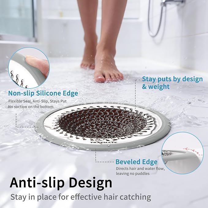 TRAPMATE Shower Drain Cover, 2PCS Prevent Clogging Shower Drain Hair Catcher, Non-Slip Stainless Steel Drain Protector, Patented Bathroom Accessory for US Standard Flat Drains of Bathroom