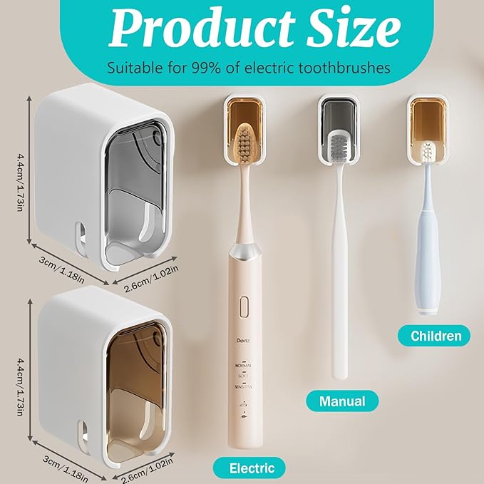 2 Pack Toothbrush Holders for Bathroom, Self Adhesive Wall Mounted Toothbrush Holder with Cover, Single Toothbrush Dispenser Storage Organizer for Family, Travel, Waterproof and Dustproof (Grey)