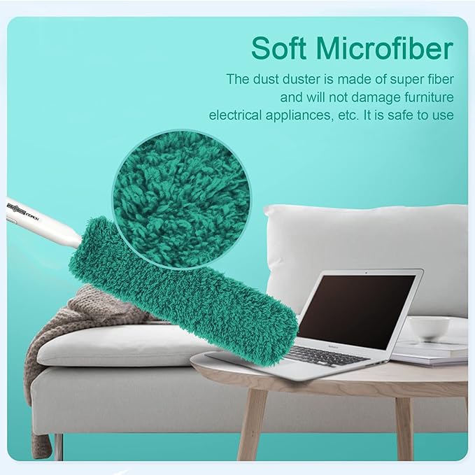 EHOMGUI Microfiber Duster, Feather Duster, Dusters for Cleaning, Washable Dusters with Reusable Microfiber Head, Feather Dusters for Cleaning Cobweb, Blinds, Furniture, Cars-Green