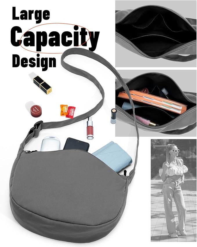 Crossbody Sling Bag for Women Men Trendy, Crescent Bag with Adjustable Strap, 2 Zippers Lightweight