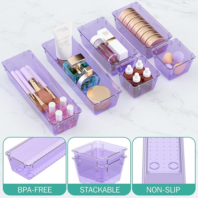 WOWBOX 9 Pack Clear Drawer Organizer Set, Acrylic Drawer Storage Trays, Storage Bins for Makeup, Cosmetics, Jewelry, Utensils, Gadgets, Office, Purple