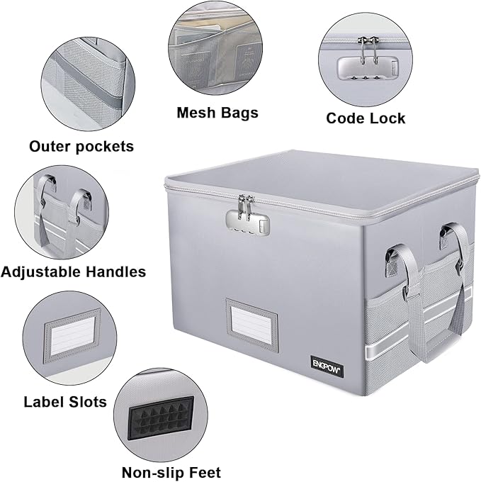 ENGPOW File Box with Lock, Fireproof Document Box with Zipper & Pockets, Collapsible File Organizer Filing Storage Cabinet with Handle, Portable Home Office Safe for Hanging Letter/Legal Folder, Silver