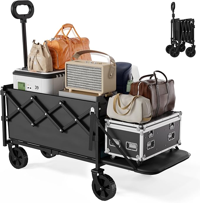 Collapsible Wagon with Wheels & Tailgate, 350LBS Wagons Carts Foldable Heavy Duty, Lightweight Portable Folding Utility Wagon Grocery Shopping Cart for Garden, Camping, Beach (Black)