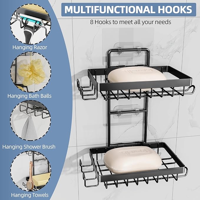 Soap Holder, Double Bar Soap Holder Shower Stainless Steel, Soap Dish for Shower Wall with Hooks and Razor Holders, Soap Tray Self Adhesive for Bathroom Bathtub Accessories Organizer