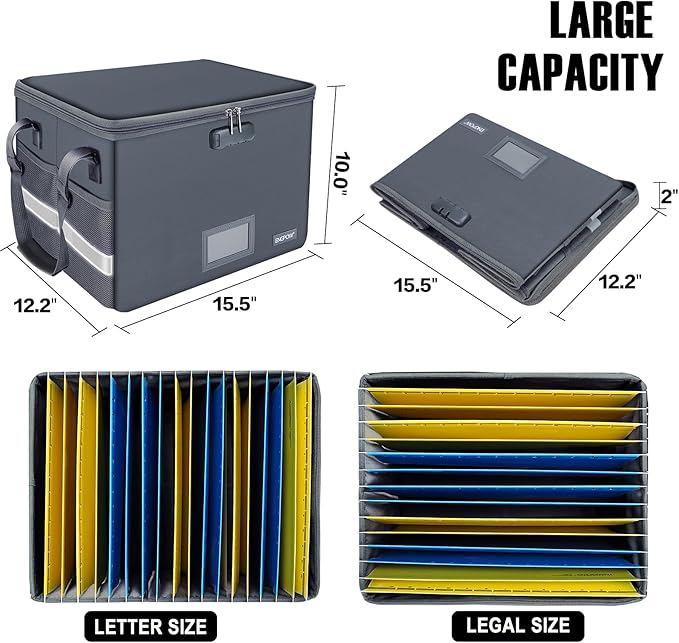 ENGPOW File Box with Lock, Fireproof Document Box with Pockets, Collapsible File Organizer Filing Storage Cabinet with Handle, Portable Home Office Safe for Hanging Letter/Legal Folders, Gray, 2 Pack