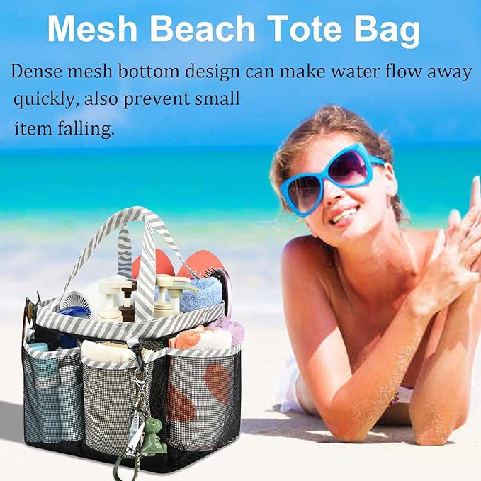 Haundry Mesh Shower Caddy Bag, Large College Dorm Bathroom Caddy Organizer with Key Hook and 2 Oxford Handles, 8 Basket Pockets, Portable Hanging Caddy Bag for Camping Gym