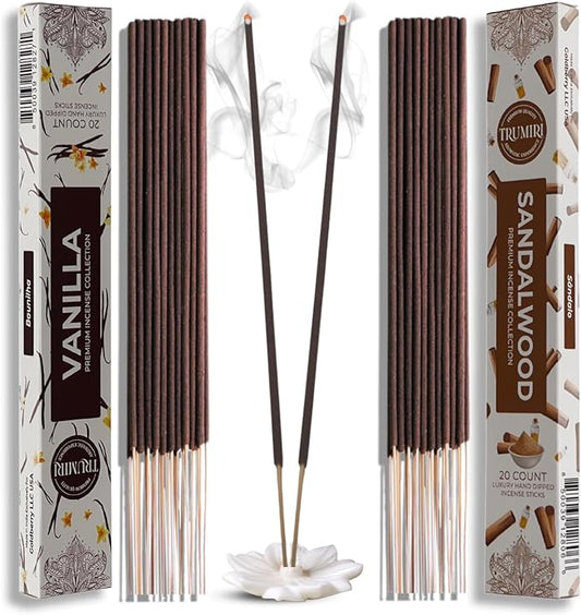 Trumiri Incense Sticks - Combo Pack of 40 Insence-Sticks - 20 Vanilla + 20 Sandalwood - Insenses - Insents - Incents - Inscense - Incence - Incienso - All Natural Incense Sticks