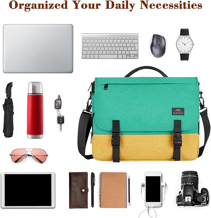 MATEIN School Bag, 15.6 inch Messenger Bag Lightweight Men's Laptop Briefcase with Adjustable Shoulder Strap, Water Resistant Crossbody Satchel Computer Case for College Work, Yellow & Green