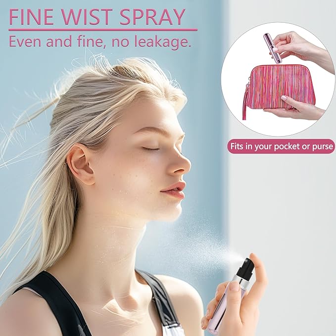 opasyo 4 Pcs Mini Refillable Perfume Portable Atomizer Bottle, 5ml Bottom-Fill Perfume Spray Scent Dispenser, Leak-Proof Travel Pump for Cologne, Aftershave & Purse (Silver/Pink/Blue/Black/)