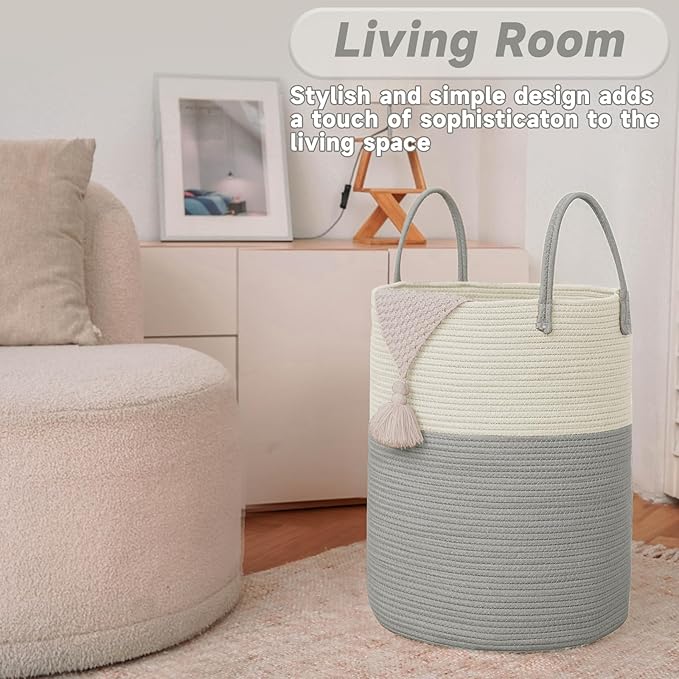 Large Woven Laundry Basket Hamper, 60L Cotton Rope Storage Bin for Blankets, Toys, and Clothes, Decorative Tall Nursery Hamper for Living Room, Baby Nursery, Bathroom, and Bedroom, White and Grey