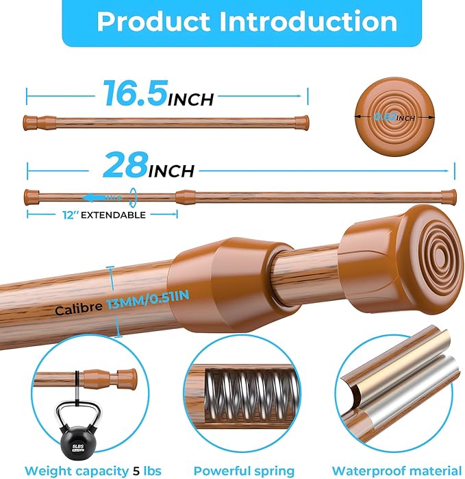 AIZESI 2PCS Curtain Rods Small Tension Rod 17 to 28 Inch Extendable Spring Curtain Rods Wood Color Tension Curtain Rod Short Spring Tension Rod for Window