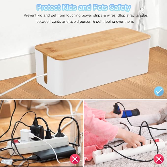 Cable Management Box Organizer, Set of 2 Bamboo Lid Large Storage Wire Holder to Conceal and Hide Surge Protector, Power Strips, and Cords on Desk and Floor, with 5 Cable Ties for Home Office, Computer, TV, and USB Hub