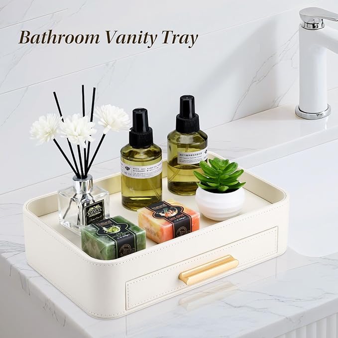 GORESE PU Leather Valet Tray with Drawer, Nightstand Organizer Catch All Tray for Jewelry Perfume Purse Trinket Key Holder, EDC Trays for Desk Vanity Entryway Table, Gift for Women Men, Cream White
