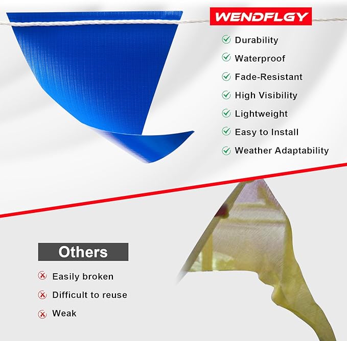 Safety Warning Pennant Banner Flags – Multipurpose 315FT OSHA High Visibility Colored Triangle Flags for Outdoor, Party, Roadwork, and Hazard Areas (BLUE+YELLOW, 135pcs, 315FT)