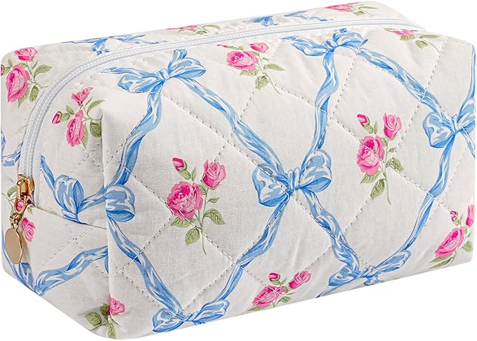 HHQQWZ Makeup Bag Travel Cosmetic Bag for Women Girls, Zipper Make Up Pouch, Floral Flowers Toiletry Organizer Makeup, Portable Storage Bag, Cosmetic Travel Cloth Bag (Blue Bowknot/Gold Zipper)