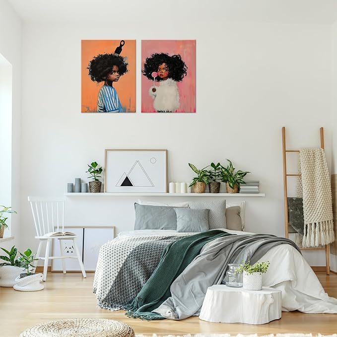 Black Kids Wall Art - Afro American Children Canvas Prints, Modern African American Portrait Paintings for Girls Bedroom, Cute Black Girl Nursery Art, Cultural Wall Decor， Framed16 x 24inches X2piece