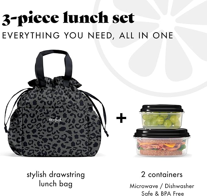 Fit & Fresh Cromwell Drawstring Lunch Bag for Women, Complete Lunch Set with 2 Containers, Stain-Resistant, Leak-Resistant, Back to School Essential, Teacher Lunchbox, Black Cheetah