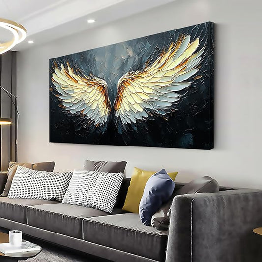 ZESTRILIA Angel Wings Wall Art for Girls Room Gold Gray Canvas Oil Painting Prints Modern Abstract Fantasy Anime Artwork Living Bedroom Office Decor Large (46x23 Inches)