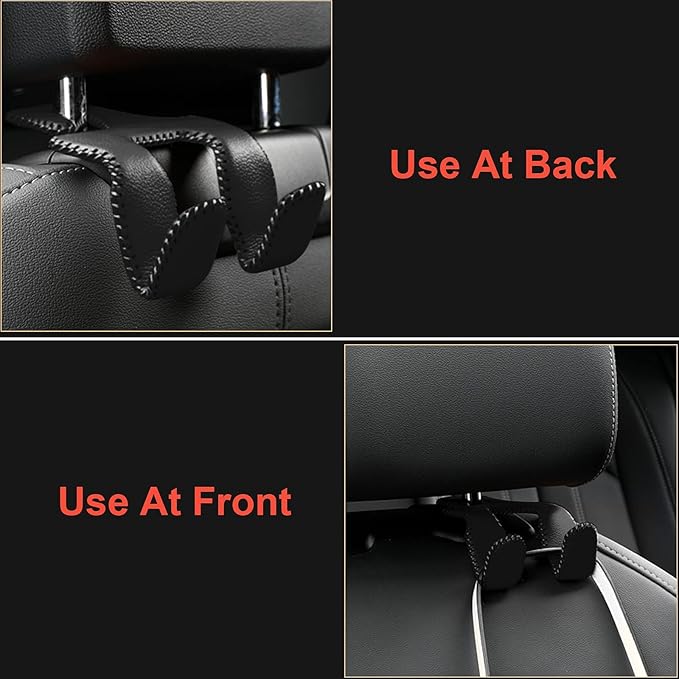 AMVOYOA [2021 Upgraded] Car Purse Hook, 2-in-1 Car Seat Headrest Hooks, Durable Hanger Storage Holder Leather Organizer for Hanging Grocery Bags, 2 Pack, Beige