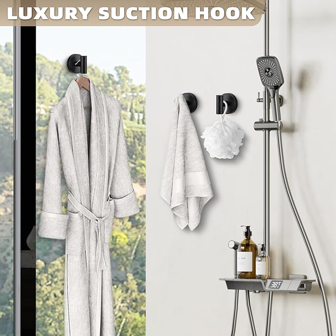 Suction Cup Hooks for Shower - Bathroom Reusable Hooks for Towels, Robes & Loofah - No-Drill Mounting on Kitchen,Walls,Metal,Glass,Mirrors,Tile & Smooth Non-Porous Surfaces (2, Matte Black)