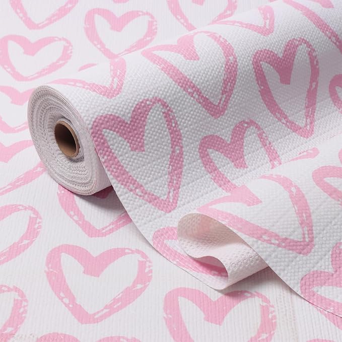 Heart Drawer Liner for Cabinets 16IN x 20FT, Shelf Liner Non-Adhesive and Strong Non-Slip Cabinet Drawer Liners for Kitchen, Table, Bookshelves, Waterproof Cupboard Liners, Pink