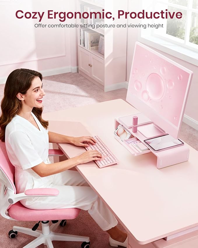 Pink Monitor Stand Riser, Klearlook Foldable, Height Adjustable Computer Stand, Desk Shelf Riser with Storage Drawer & Tablet Phone Stand for Desktop, Laptop