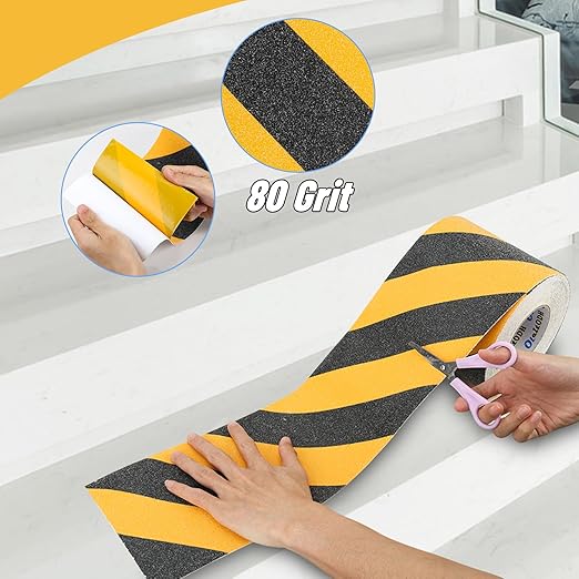 Non Slip Safety Grip Tape for Stairs Steps 2 in x 60Ft Non Skid Tread High Traction Friction, Black Yellow Strong Grip Abrasive Adhesive Hazard Caution Tape