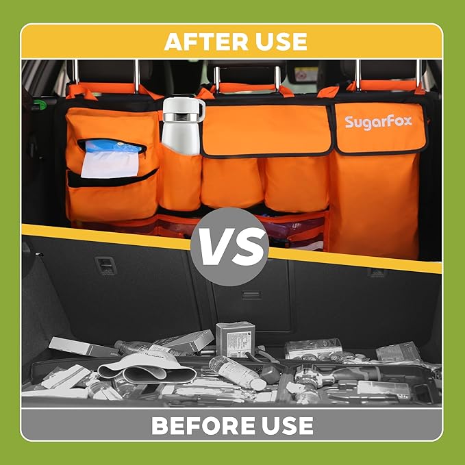 Backseat Hanging Trunk Organizer for SUVs, Cars, Trucks & MPVs | Multi-Pocket Storage with Anti-Slip Straps | Space-Saving Auto Accessory for Men & Women | Orange, 37.8" x 18.1" - K230