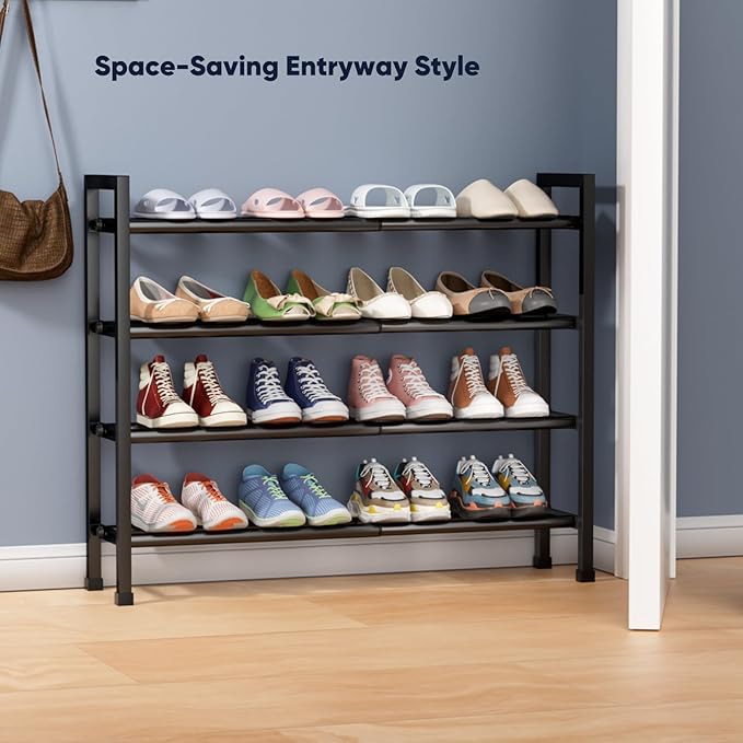 Abiglifty 4-Tier Expandable Shoe Rack,17"-33" Adjustable Shoe Rack for Closet,Metal Shoes Shelves for Front Door Entrance, Garage & Corridor, Free Standing Shoe Holders, Easy to Assemble,Black