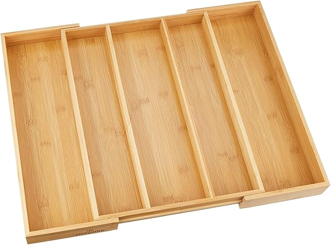 Utoplike Bamboo Expandable Kitchen Drawer Organizer, Adjustable Utensil Holder and Cutlery Tray Organiser, Drawer Divider for Silverware, Flatware, Knives in Kitchen, Bedroom, Living Room, 5 Slot