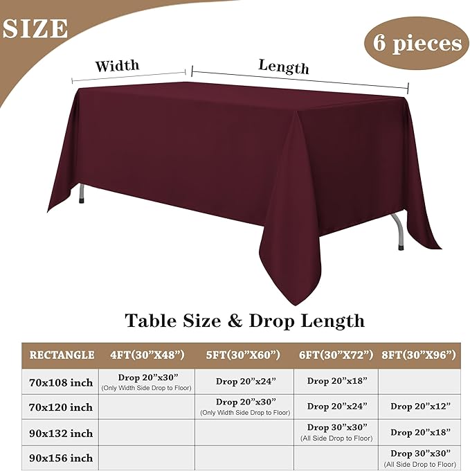 Fitable Elegant Rectangle Table Clothes, 6 Pack - 90 x 132 Inch, Burgundy - Reusable and Washable Tablecloths, Polyester Fabric Table Covers for Wedding, Party, Banquet, Formal Events