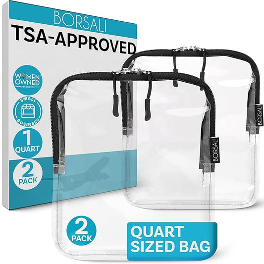 BORSALI TSA Approved Toiletry Bag - Clear Quart Size for 3-1-1 Carry On Travel - Makeup Organizer Cosmetic Pouch with Zipper - Travel Accessories - 2 Pack