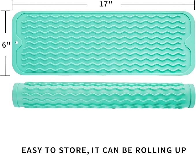 Silicone Dish Drying Mat for Multiple Usage, Easy clean, Eco-friendly, Heat-resistant Silicone Mat for Kitchen Counter, Sink, Bar, Bottle, or Cup Mint M 17 inches x 6 inches