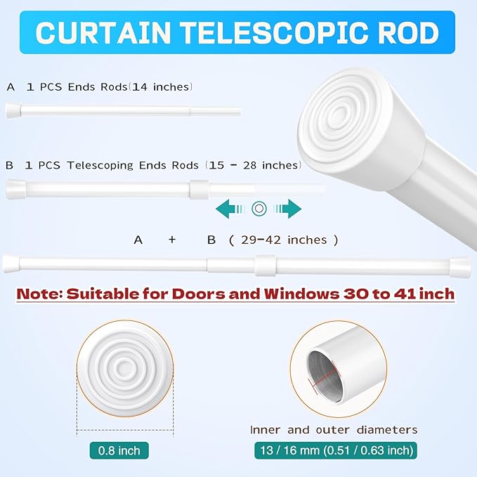 Spring Tension Rods 29-42 Inches Adjustable Small Short Curtain Rod No Drill Anti-slip for Windows, Kitchen, Bathroom, Doors, Closet, Doorway 30 to 41 inch (White)