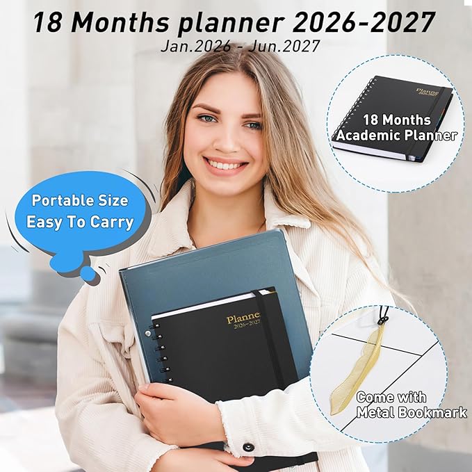 Daily Planner 2026-2027, 18-Month Weekly and Monthly Calendar Planner, January 2026 - June 2027, Planning Agenda Book with Laminated Tabs, Flexible Cover, 100GSM Thick Paper, A5 Size,Black