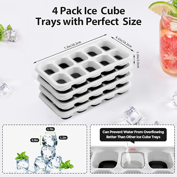 DOQAUS Ice Cube Tray with Lids - 4 Pack Stackable Silicone Ice Trays for Freezer, BPA & LFGB Safe, Easy Release for Kitchen, RV, Cocktail, Coffee, Soup & Food