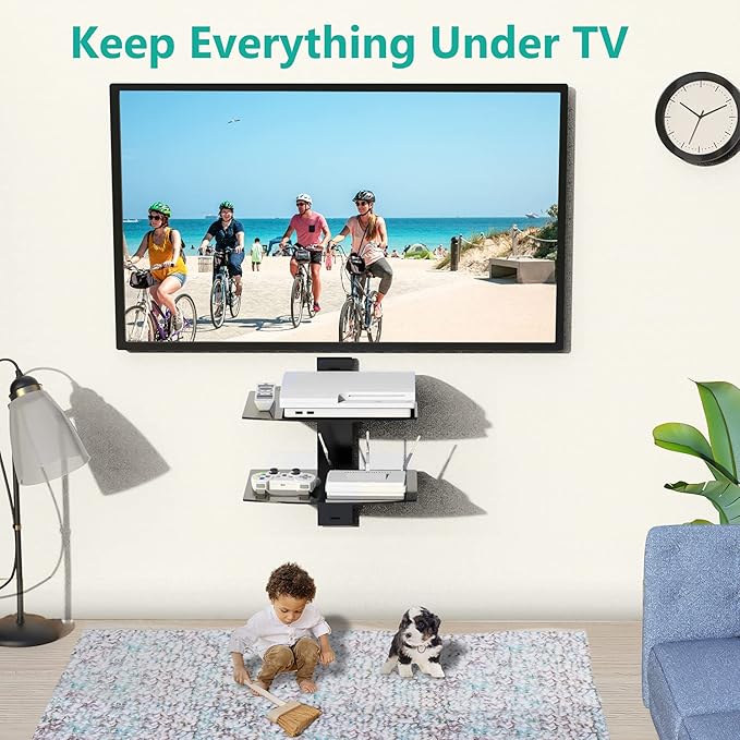 WALI Floating TV Shelf, 2 Tier Glass Projector Shelf for DVD Players, Routers, Game Consoles, Cable Boxes, Living Room Decor, Wall Mount Shelves Hold Up to 17.6lbs (CS202B), 2-Shelf, Black