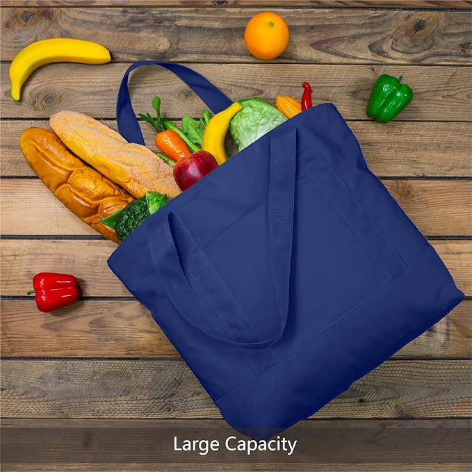 TOPDesign 3-Pack Canvas Tote Bags with an External Pocket, Reusable Grocery Shopping Bags, Top Zipper Closure, Daily Essentials (Blue)