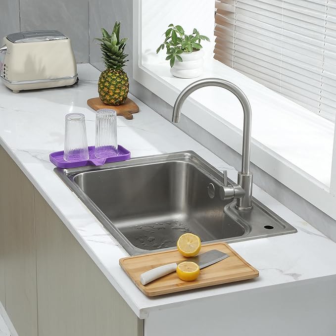 Silicone Bathroom Soap Dishes with Drain Spout - Bathroom and Kitchen Sink Organizer, Sponge Holder, Dish Soap Tray, Perfect for Dispenser, Scrubber, Bottle, Cup on Sink or Counter - Purple 9.6" × 5.3"