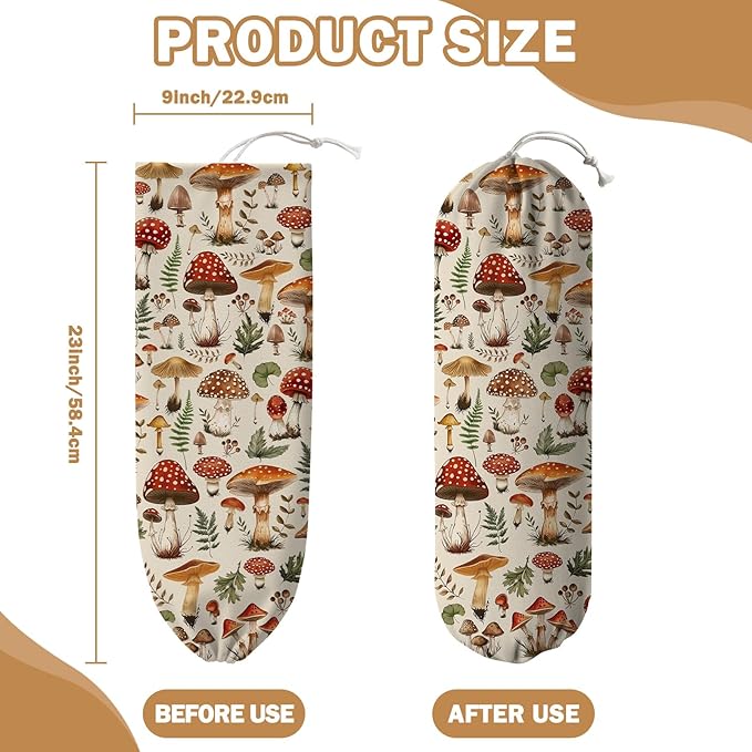 Plastic Bag Holder, Grocery Bag Organizer Storage, Kitchen Dispenser Holders Reusable Shopping with Adjustable Drawstring Closure for Kitchen Farmhouse Decor, Mushroom