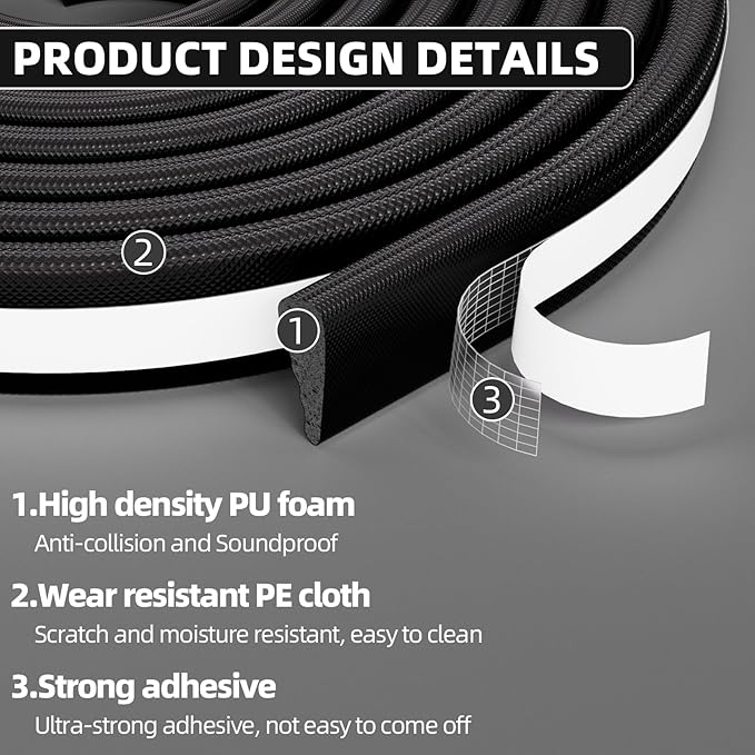 118" Wedge Weather Stripping Door Seal Strip for Door Frame & Window,Self Adhesive Window Insulation Draft Stopper Seal for Winter,Gray Foam Door Gap Filler for Soundproofing Light Blocker,Black