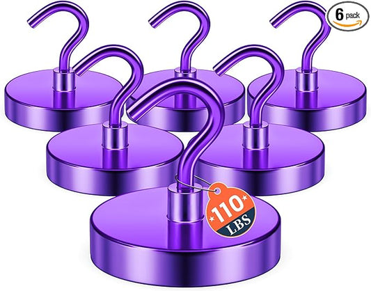 FINDMAG Magnetic Hooks for Cruise Cabins, 110lbs Magnetic Hooks for Classroom, Fridge Magnets, Strong Magnets Heavy Duty for Classroom Decor, Locker Organizer, Camping Essentials, 6 Pack, Purple