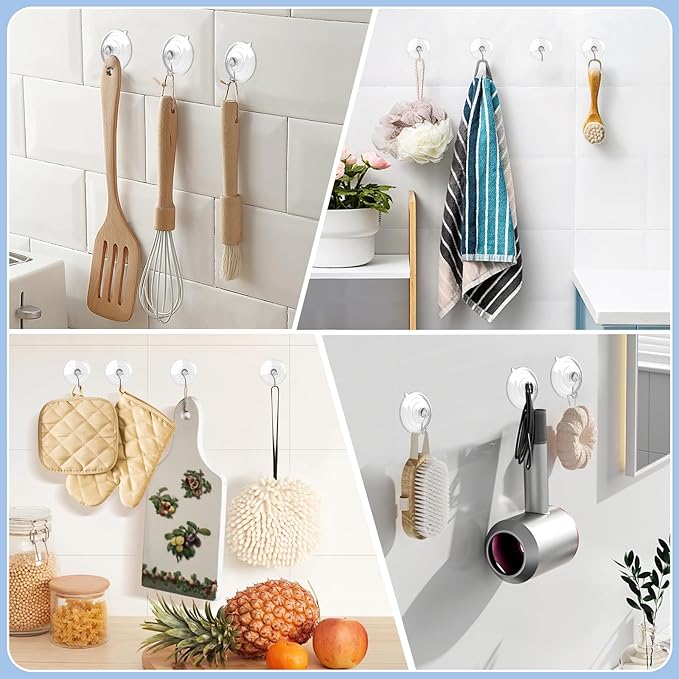 Hangerspace Suction Cup Hooks, 2.5 Inches Clear Suction Cups with Metal Hooks Large Suction Cup for Kitchen Bathroom Shower Wall Window Door - 8 Pack