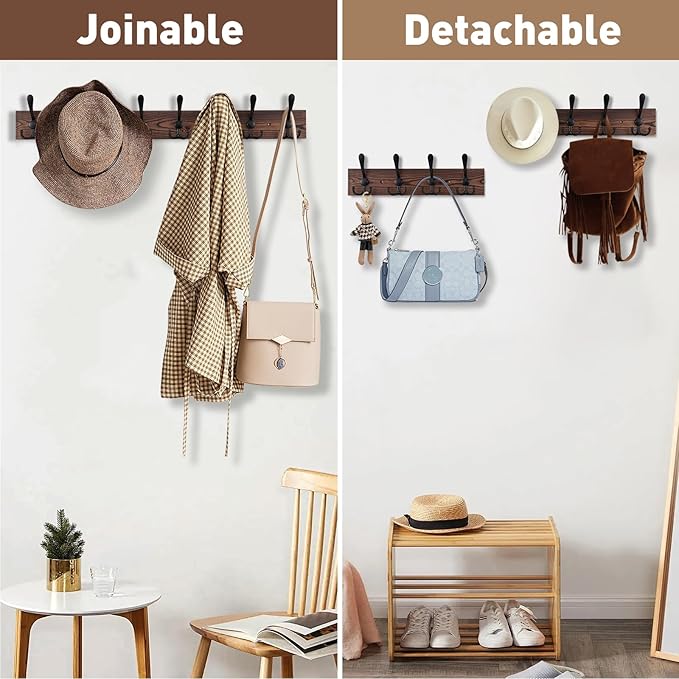 32.2'' Large Coat Rack Wall Mount Coat Hooks Coat Hanger with 8 Metal Black Triple- Hooks Brown Pine Real Wood Plank Hat Rack for Wall Hooks for Hanging Coat Hat Jacket